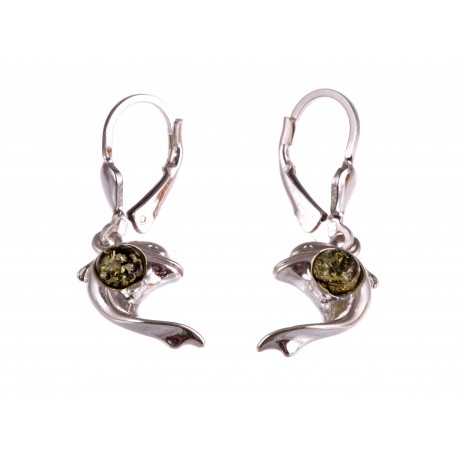 Silver earrings with amber "Dolphins"