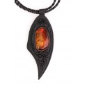 Black leather necklace with yellow-cognac amber