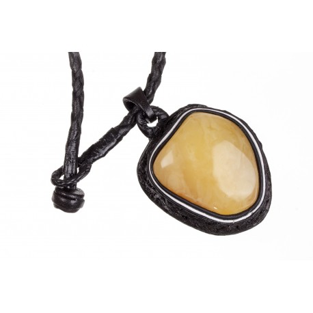 Black leather necklace with yellow and lemon-colour amber