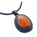 Blue leather necklace with cognac amber "Seaside"