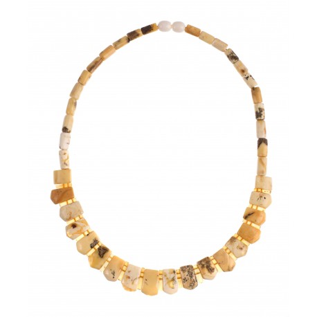 Necklace of the matted royal white amber combined with yellowish-shaded transparent and matted amber pieces