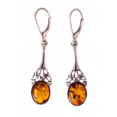 Unique silver earrings with cognac amber