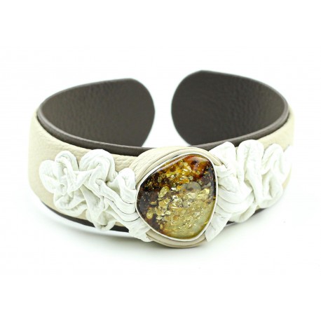 White and black leather bracelet with amber