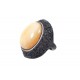 Black leather ring with light yellow-colored amber