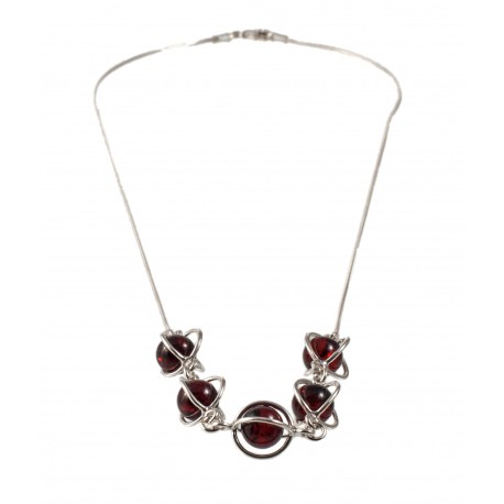 Silver necklace with cherry-color amber