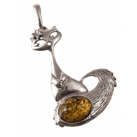 Silver-amber pendant "Cat"