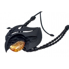 Black leather necklace with yellowish amber