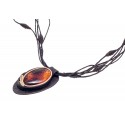 Dark brown color leather necklace with cognac amber
